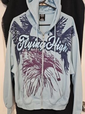 "Flying High" Mens M Light Blue Zip-Up Hoodie Sweatshirt